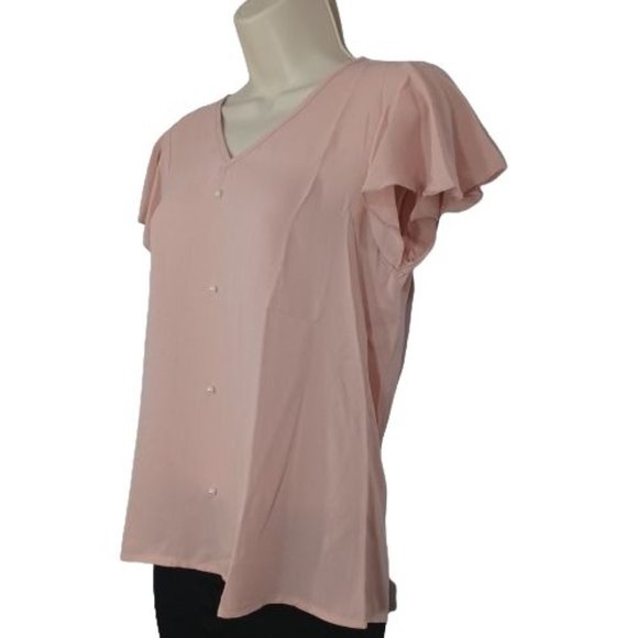 Shein Blouse Womens Small Pink Button Front Top Pullover Short Sleeve V-Neck - Picture 3 of 9